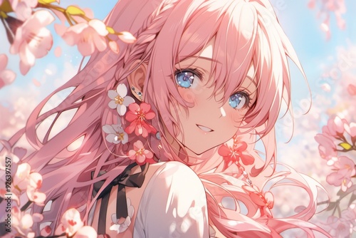 Spring Blossoms: A Close-Up of an Anime Girl Embracing the Vibrant Spirit of Spring in a Stylish Anime Aesthetic, storybook illustrations, comic strips, book illustrations and picture books,Abstract c photo