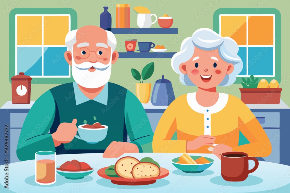 Elderly couple is having breakfast at the table in the kitchen. Happy seniors eat tasty and healthy food. Grandma and Grandpa are having lunch
Elderly couple is having breakfast at the table in the kitchen. Happy seniors eat tasty and healthy food. Grandma and Grandpa are having lunch