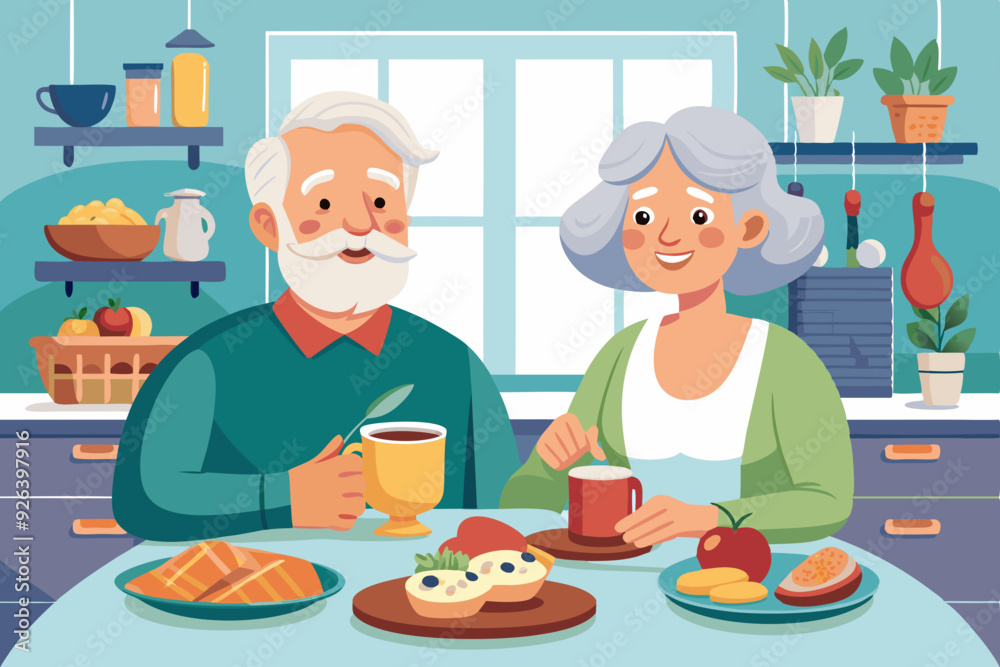 Elderly couple is having breakfast at the table in the kitchen. Happy seniors eat tasty and healthy food. Grandma and Grandpa are having lunch
Elderly couple is having breakfast at the table in the kitchen. Happy seniors eat tasty and healthy food. Grandma and Grandpa are having lunch