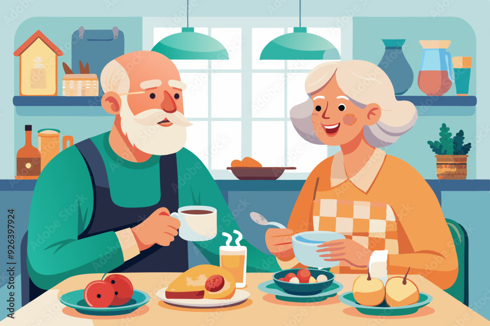 Elderly couple is having breakfast at the table in the kitchen. Happy seniors eat tasty and healthy food. Grandma and Grandpa are having lunch
Elderly couple is having breakfast at the table in the kitchen. Happy seniors eat tasty and healthy food. Grandma and Grandpa are having lunch