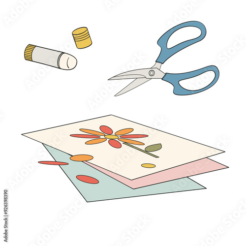 applique flower on sheet, scissors and glue