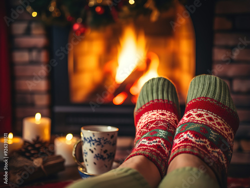 Wallpaper Mural Women's feet in warm socks warm themselves by the home fireplace Torontodigital.ca