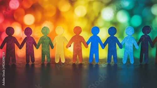 Colorful paper people standing in line, backs to each other, symbolizing unity and diversity as a group. photo