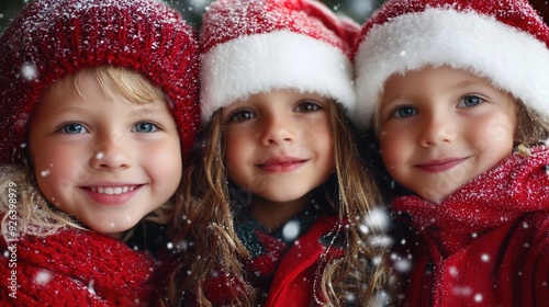 Cheerful happy little children outdoors in winter during Christmas celebration