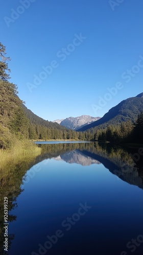 A peaceful lake captures mountain reflections as the sun rises over a serene landscape