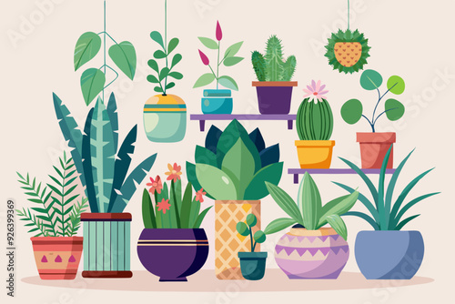 Set of decorative houseplants to decorate the interior of a house or apartment. Collection of various plants in pots
