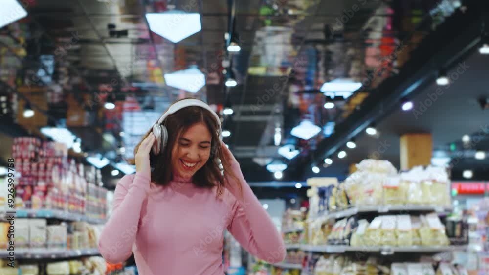 A Joyful Young Woman Dancing in a Grocery Store with Headphones On, Embracing the Freedom of Movement while Shopping and Enjoying Her Favorite Music in a Bright and Colorful Aisle A Joyful Young Woman Dancing in a Grocery Store with Headphones On, Embracing the Freedom of Movement while Shopping and Enjoying Her Favorite Music in a Bright and Colorful Aisle