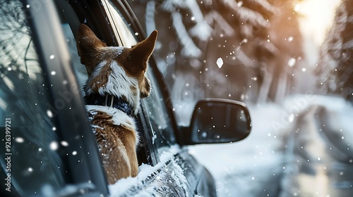 Dog travel by car in winter