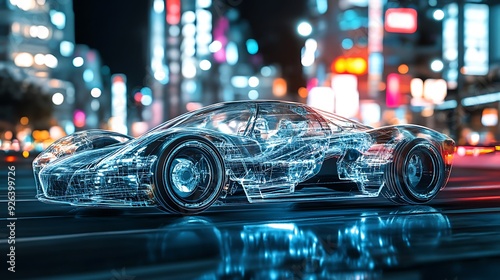 Wallpaper Mural A futuristic car with a transparent, wireframe exterior drives through a city at night, with bright lights reflecting on the wet street. Torontodigital.ca