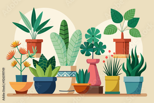 Set of decorative houseplants to decorate the interior of a house or apartment. Collection of various plants in pots
