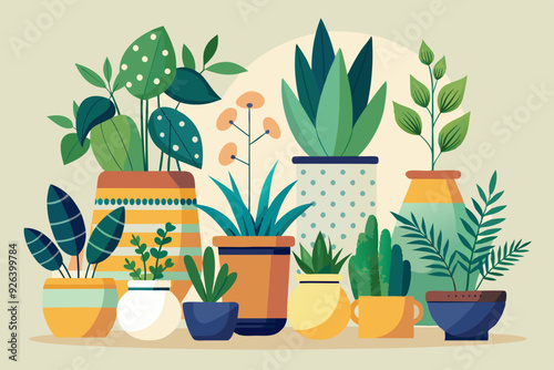 Set of decorative houseplants to decorate the interior of a house or apartment. Collection of various plants in pots
