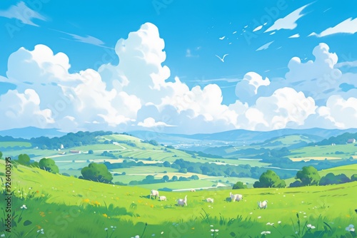 Summer Fields and Mountain Vistas: A Lush Green Landscape Under Blue Skies and White Clouds in a Flat Design Cartoon Style, storybook illustrations, comic strips, book illustrations and picture books