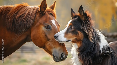 Draft horse and red border collie dog