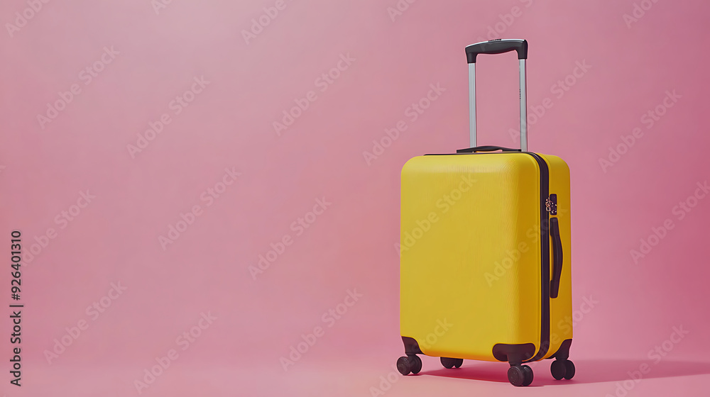 One new yellow suitcase on pink background, space for text. Generative AI illustration 