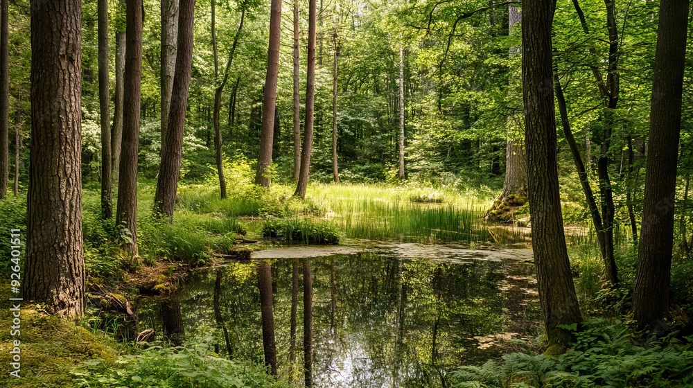 Fototapeta premium Secluded Forest Glade with a Crystal-Clear Pond Surrounded by Towering Trees and Thick Underbrush. AI generated illustration