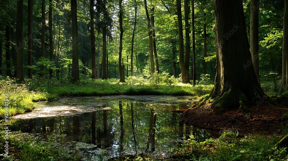 Secluded Forest Glade with a Crystal-Clear Pond Surrounded by Towering Trees and Thick Underbrush. AI generated illustration Secluded Forest Glade with a Crystal-Clear Pond Surrounded by Towering Trees and Thick Underbrush. AI generated illustration