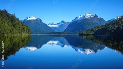 Majestic mountains stand tall, mirrored perfectly in the calm lake waters on a sunny day