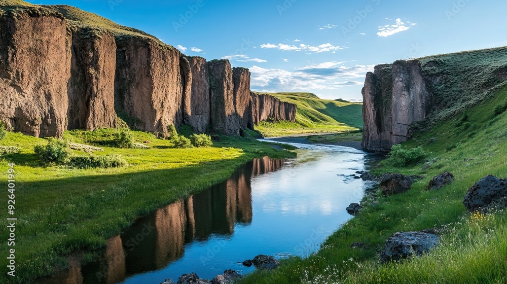 Clear River Meandering Through a Lush Green Valley with Majestic Cliffs and Reflections of a Deep Blue Sky. AI generated illustration Clear River Meandering Through a Lush Green Valley with Majestic Cliffs and Reflections of a Deep Blue Sky. AI generated illustration