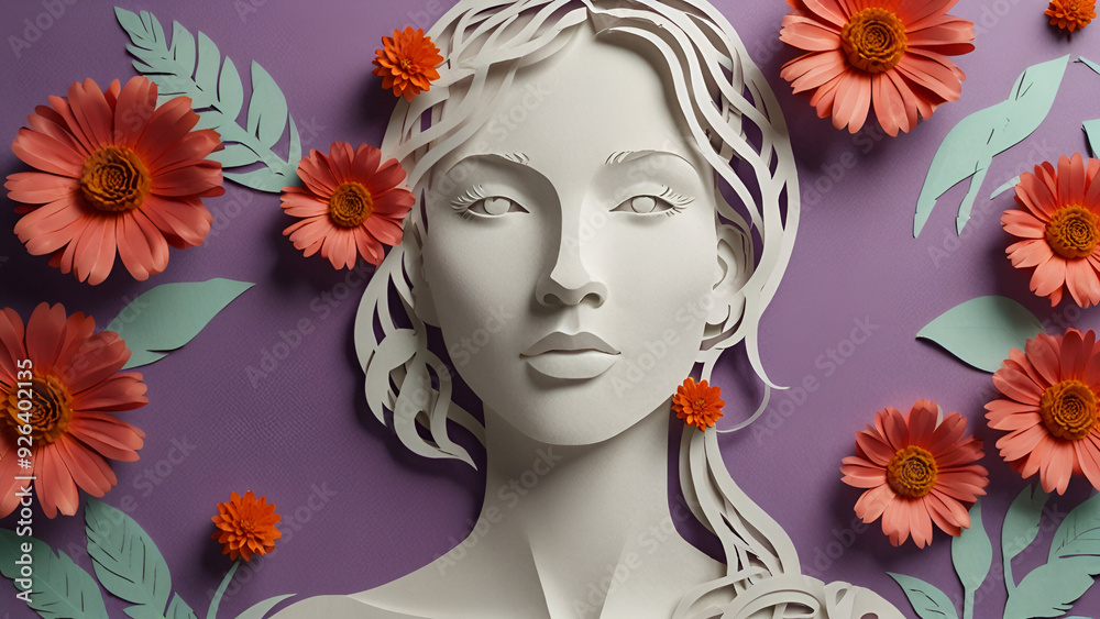 Illustration of a mother face with flowers in a paper cut style, perfect for Mother's Day and International Women's Day.