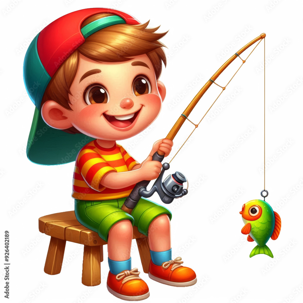A child With a Fishing rod & Cute cartoon-style illustration A child With a Fishing rod & Cute cartoon-style illustration