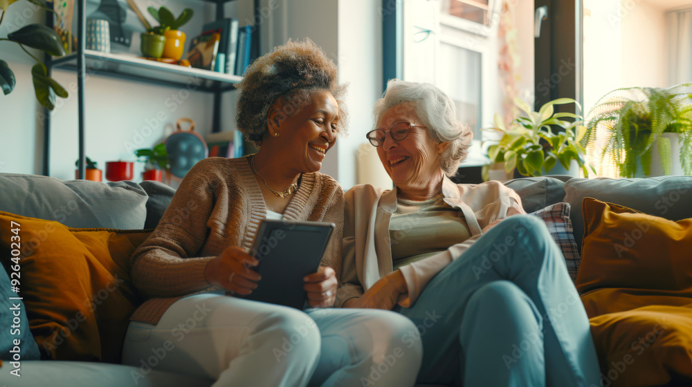 Two old interracial women are sitting on the couch, one of them has a tablet in her hands. Two elderly lesbian girlfriends are relaxing at home in the living room Two old interracial women are sitting on the couch, one of them has a tablet in her hands. Two elderly lesbian girlfriends are relaxing at home in the living room