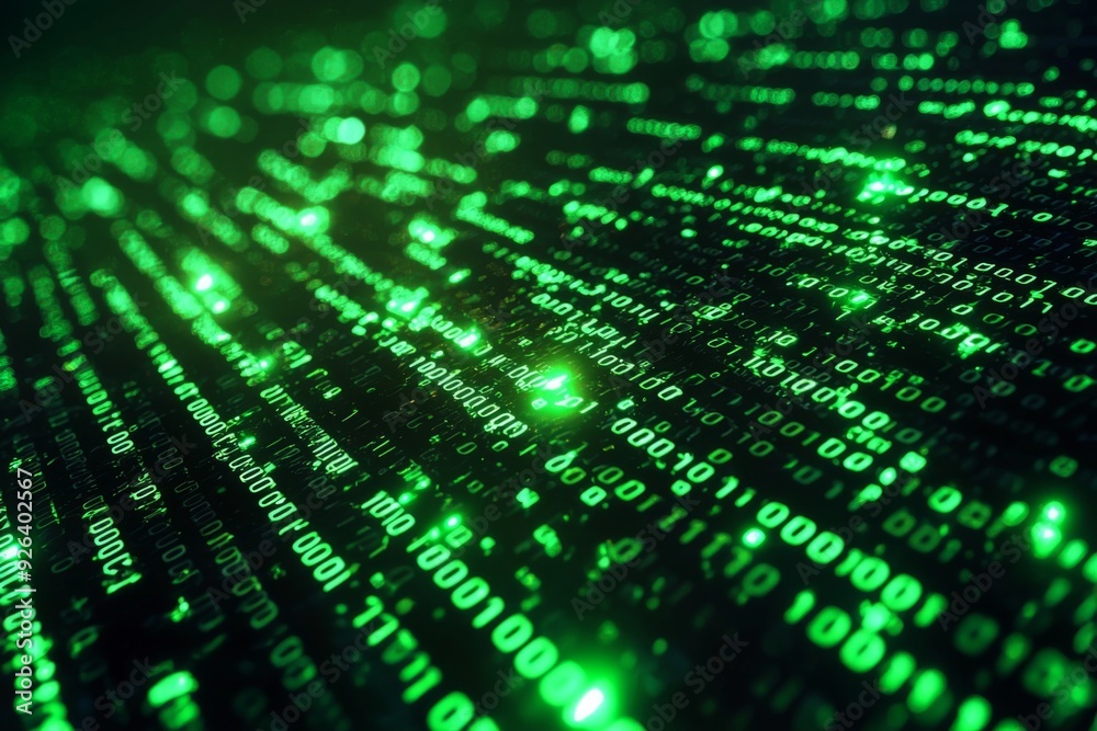 Green Dark Binary Code with Data Streaming Background created with Generative AI Green Dark Binary Code with Data Streaming Background created with Generative AI