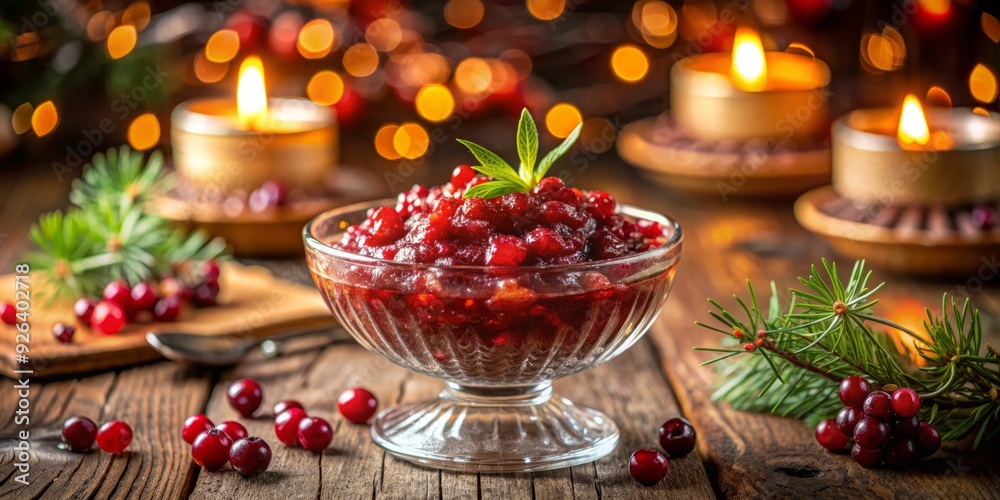 sparkling cranberry orange relish in a decorative glass bowl on a rustic wooden table with soft candlelight and blurred background of joyful party atmosphere sparkling cranberry orange relish in a decorative glass bowl on a rustic wooden table with soft candlelight and blurred background of joyful party atmosphere