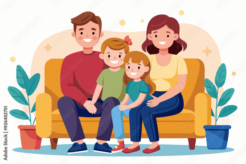 Happy family sitting on sofa over isolated background. Mom, dad, son and daughter are smiling while sitting on the couch. Concept of happiness and love, home comfort
Happy family sitting on sofa over isolated background. Mom, dad, son and daughter are smiling while sitting on the couch. Concept of happiness and love, home comfort