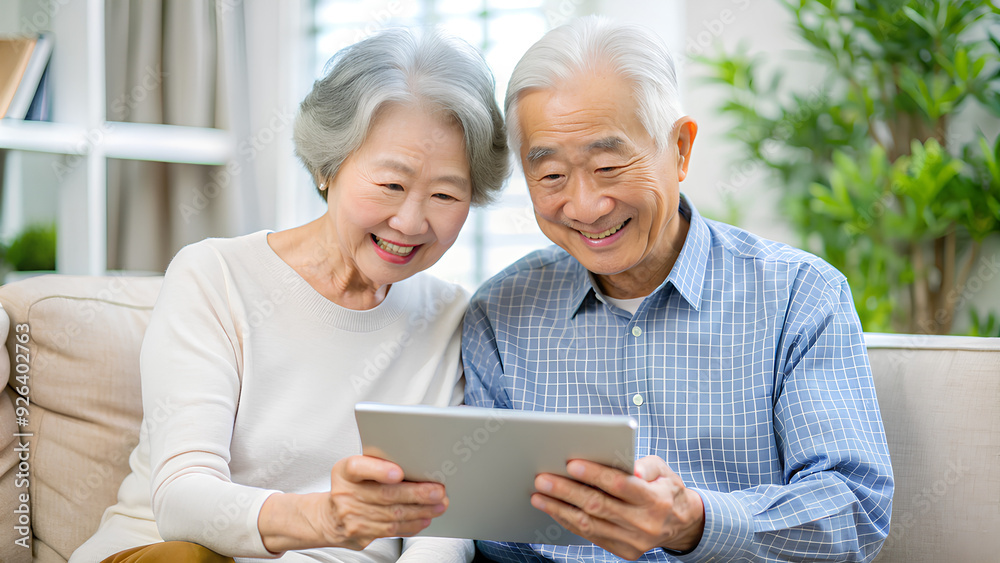 Asian Senior couple using digital tablet at home Asian Senior couple using digital tablet at home