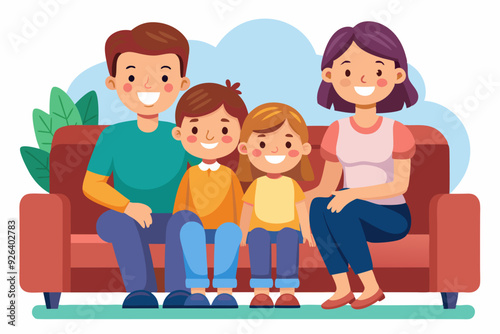 Happy family sitting on sofa over isolated background. Mom, dad, son and daughter are smiling while sitting on the couch. Concept of happiness and love, home comfort
