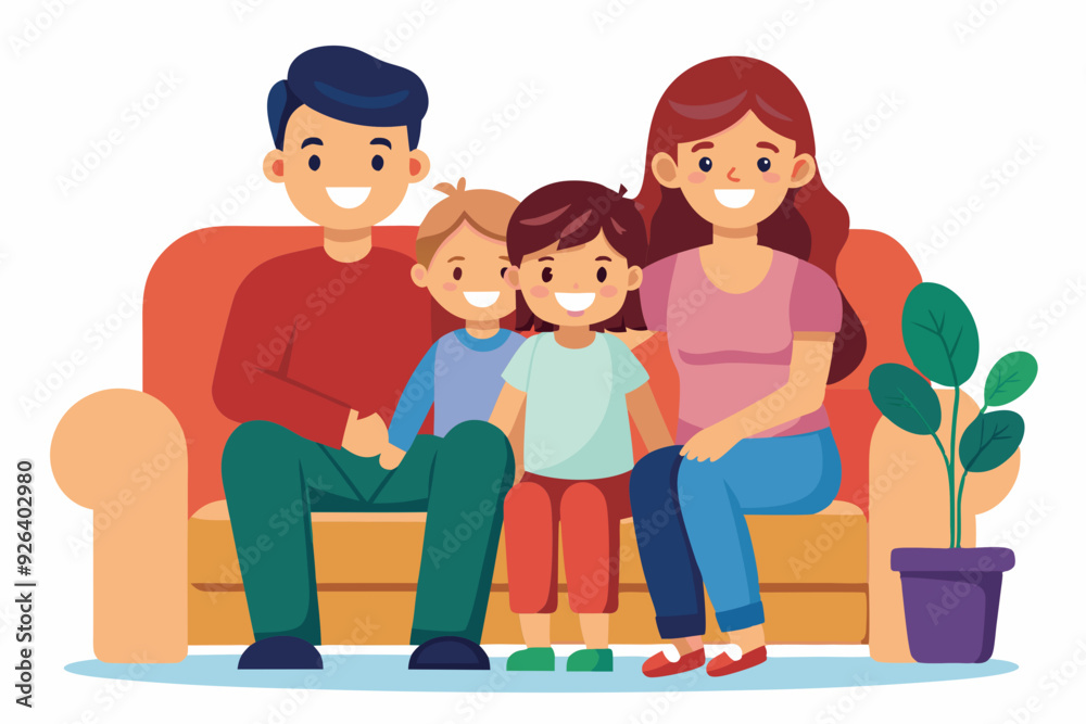 Happy family sitting on sofa over isolated background. Mom, dad, son and daughter are smiling while sitting on the couch. Concept of happiness and love, home comfort
Happy family sitting on sofa over isolated background. Mom, dad, son and daughter are smiling while sitting on the couch. Concept of happiness and love, home comfort