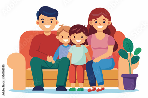 Happy family sitting on sofa over isolated background. Mom, dad, son and daughter are smiling while sitting on the couch. Concept of happiness and love, home comfort
