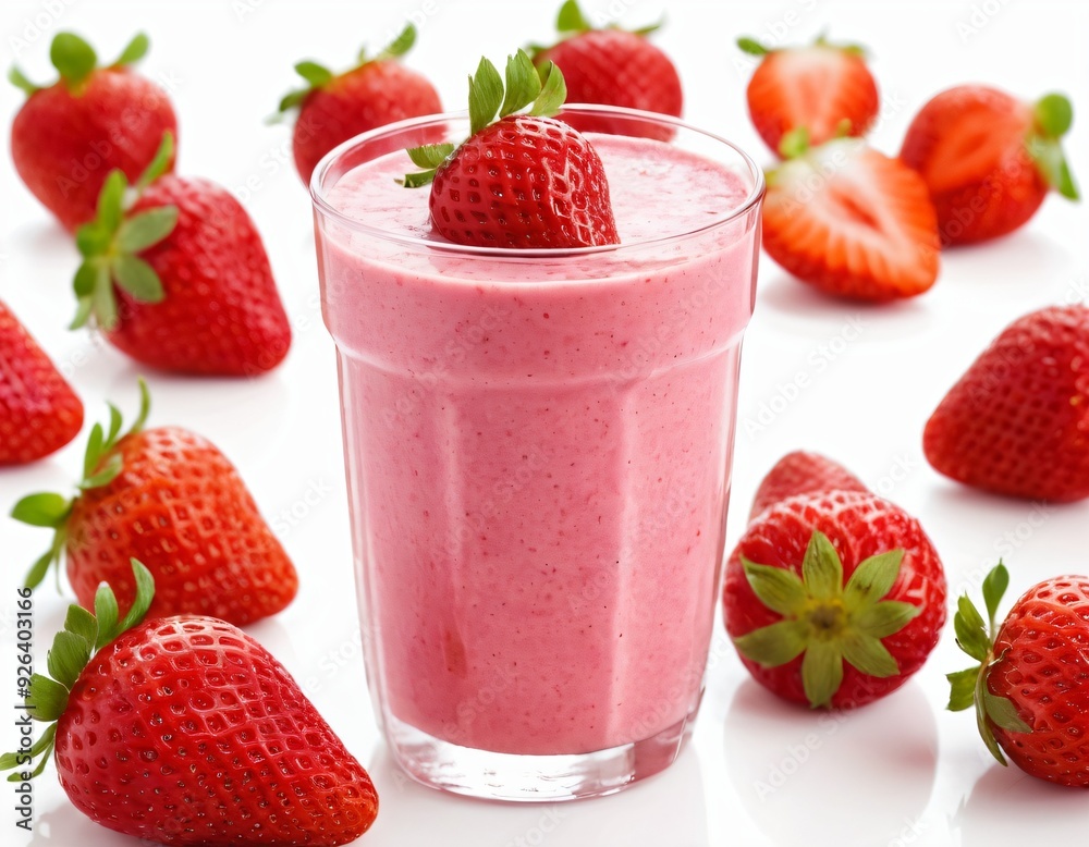 Delicious strawberry smoothie with fresh ripe strawberries on white background. Ai generated image. Delicious strawberry smoothie with fresh ripe strawberries on white background. Ai generated image.