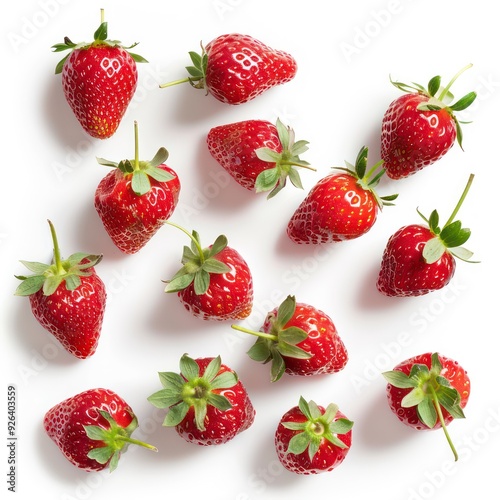 red strawberries are beautifully arranged, showcasing their juicy texture and vibrant color against a pristine white background, inviting a fresh, delicious experience.