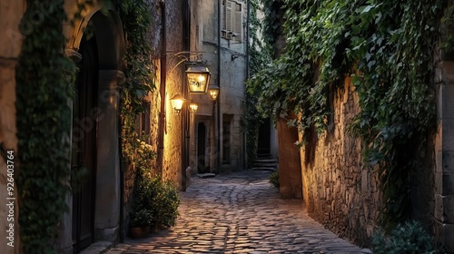 Narrow Alleyway in an Ancient Village with Cobblestone Streets, Ivy-Covered Walls, and Soft Lantern Light Illuminating the Path. AI generated illustration