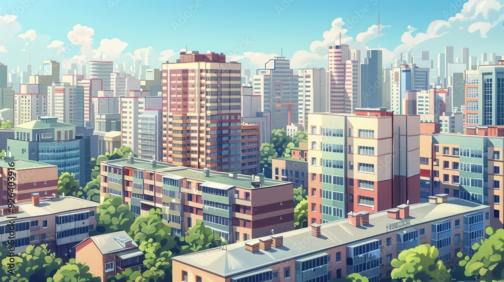 Fototapeta premium A vibrant illustration showcasing an urban cityscape with modern buildings, bustling streets, and architectural elements, capturing the dynamic essence of city life