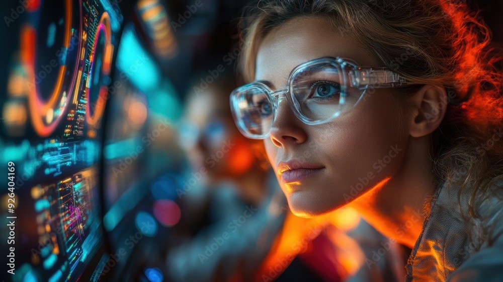 A young woman scientist looks at the data on the screen. A young woman scientist looks at the data on the screen.