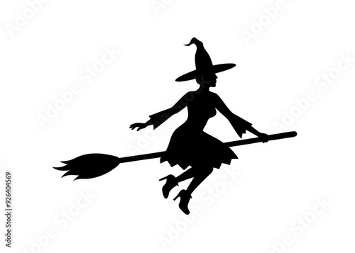 A black silhouette of a witch flying on a broomstick