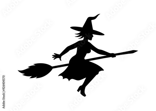 A black silhouette of a witch flying on a broomstick