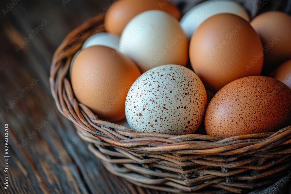 Close-up of a rustic basket filled with fresh farm eggs in a cozy kitchen setting Close-up of a rustic basket filled with fresh farm eggs in a cozy kitchen setting