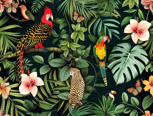 Exotic Jungle: Tropical Pattern with Wildlife Wallpaper