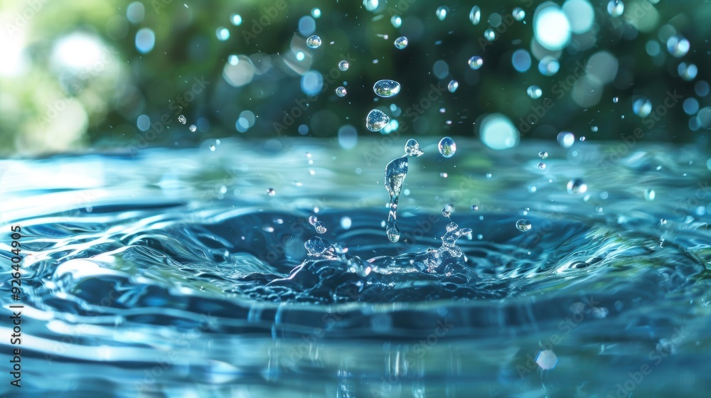 Rainwater droplets create rippling patterns on a water surface, showcasing the dynamic interaction between water and its environment