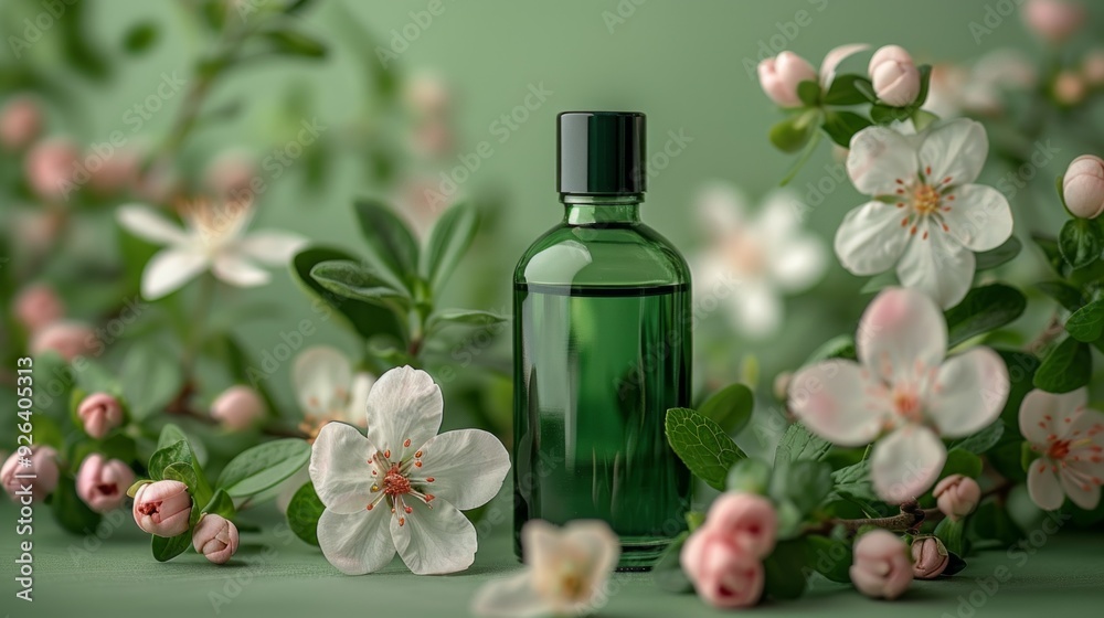 Green Oil Bottle Surrounded by Blooming Flowers on a Soft Green Background Green Oil Bottle Surrounded by Blooming Flowers on a Soft Green Background