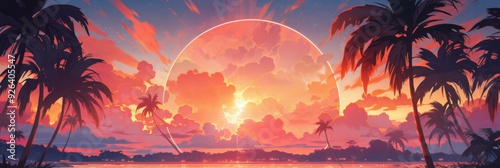 Sunset Serenity by the Water's Edge: A Charming Anime-Style Landscape with Palm Trees in 4K Abstract Art,storybook illustrations, comic strips, book illustrations and picture books,Abstract concepts,  photo