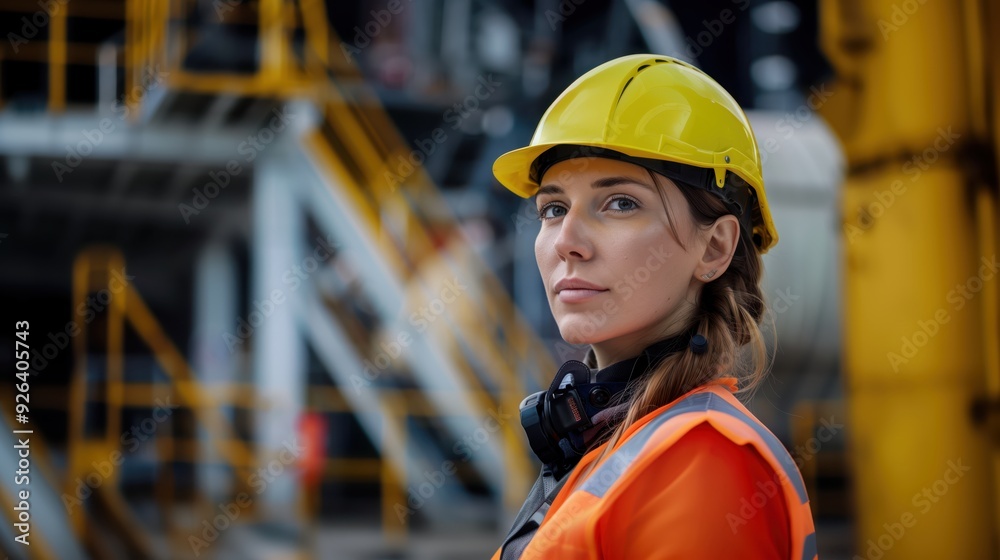 Confident Female Industrial Worker Wearing Safety Gear at Construction Site Confident Female Industrial Worker Wearing Safety Gear at Construction Site