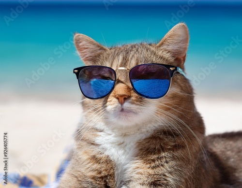 grumpy cat wearing sunglasses on the beach on summer holidays, travelling with cats concept
