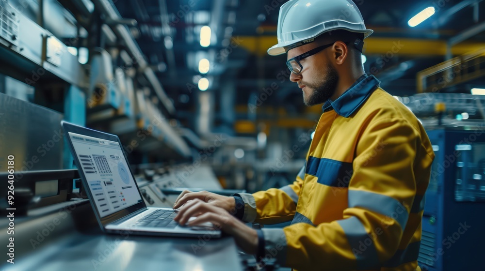 Industrial Engineer Working on Laptop in Modern Factory for Quality Control and Manufacturing Process Optimization Industrial Engineer Working on Laptop in Modern Factory for Quality Control and Manufacturing Process Optimization