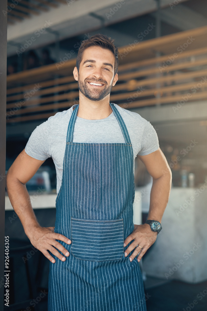 Portrait, food industry and man in cafe, apron and waiter with confidence, career ambition and friendly service. Face, person and entrepreneur with hospitality, professional and server in restaurant Portrait, food industry and man in cafe, apron and waiter with confidence, career ambition and friendly service. Face, person and entrepreneur with hospitality, professional and server in restaurant