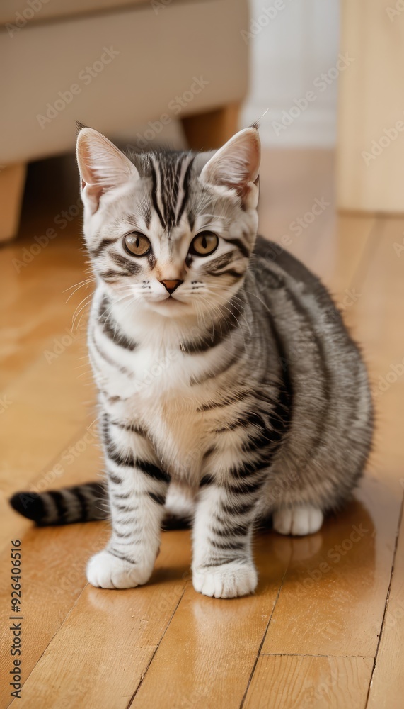 A beautiful silver American Shorthair cat relaxes on a warm, sunlit floor, showcasing its elegant striped fur and curious expression in a peaceful home setting A beautiful silver American Shorthair cat relaxes on a warm, sunlit floor, showcasing its elegant striped fur and curious expression in a peaceful home setting