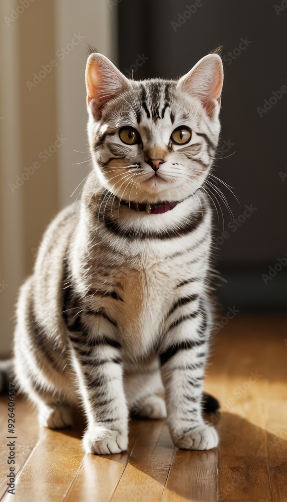 A beautiful silver American Shorthair cat relaxes on a warm, sunlit floor, showcasing its elegant striped fur and curious expression in a peaceful home setting